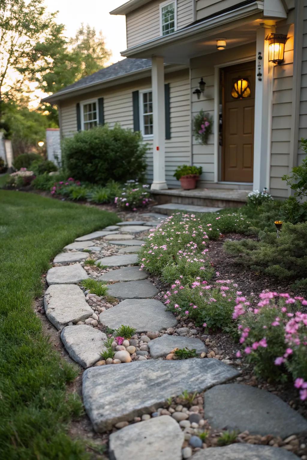 A charming rock-lined pathway invites guests to explore.