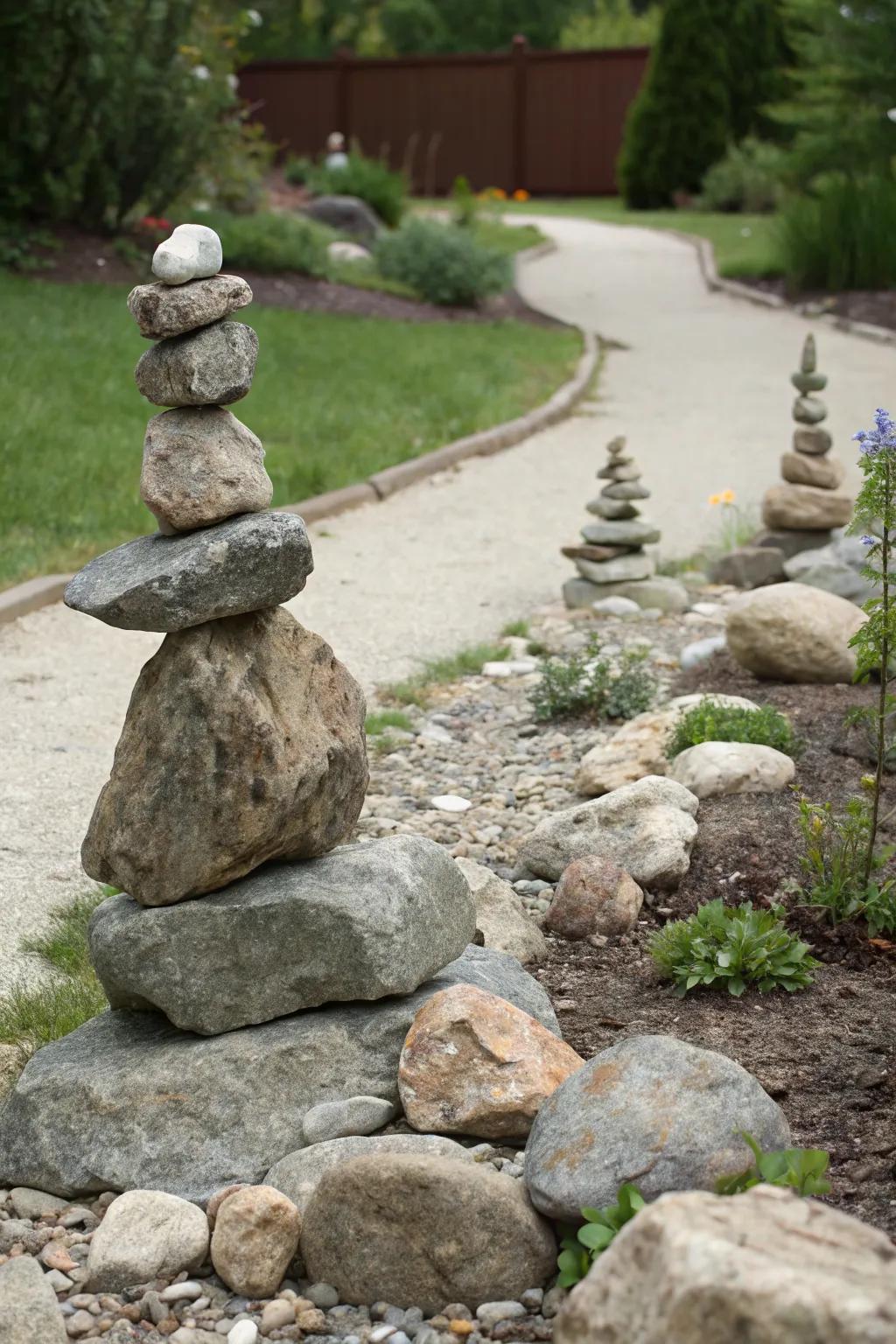 A striking arrangement of rocks creates visual interest in the garden.