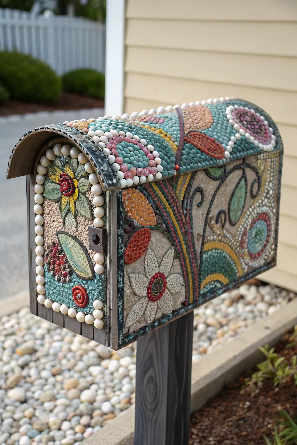 A pebble mosaic mailbox that stands out as a true piece of art.