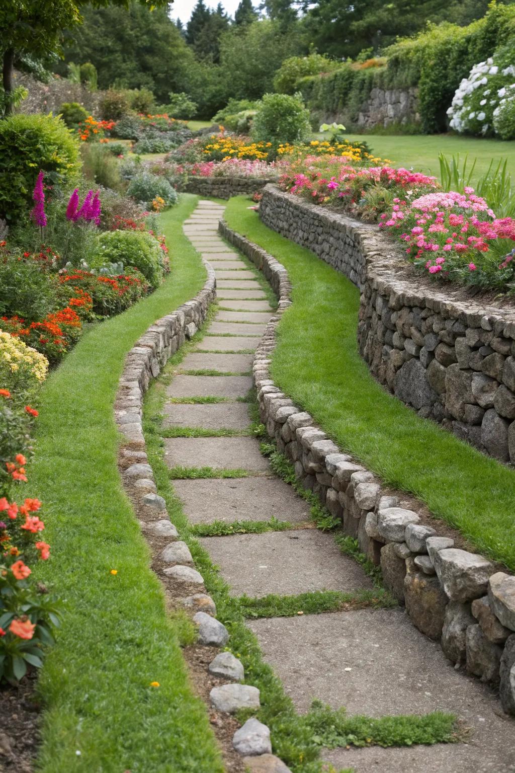 Rock wall edging adds structure to garden pathways.