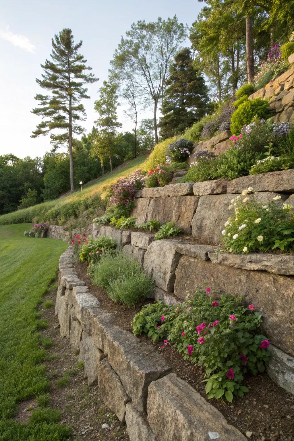 Retaining rock walls manage slopes while enhancing garden aesthetics.