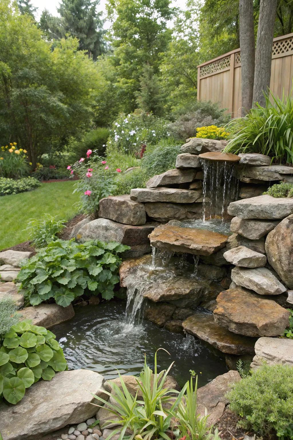 Rock walls serve as a rustic and architectural water feature.