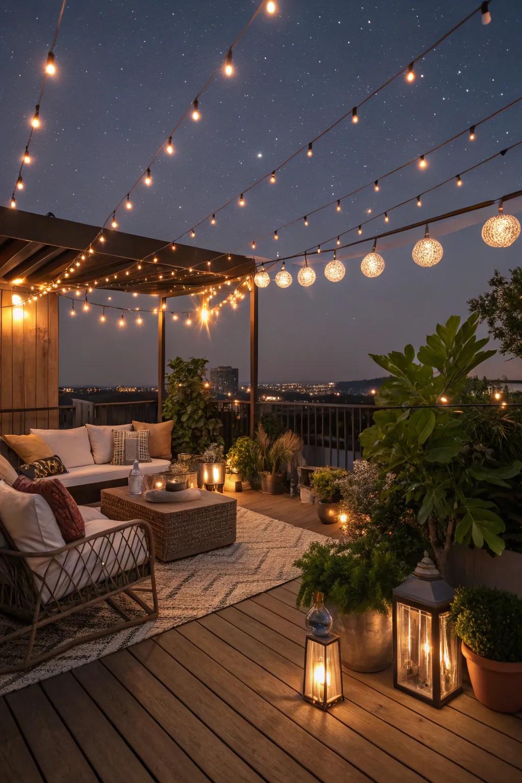 Enchanting lighting turns the rooftop deck into a starry haven.