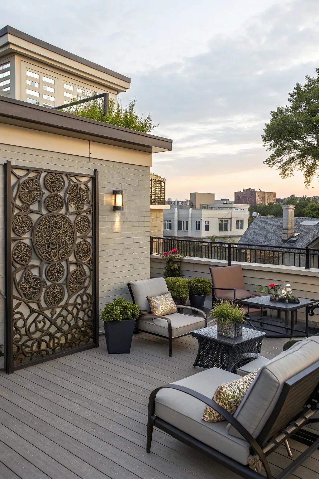 A decorative accent wall combines art and privacy.