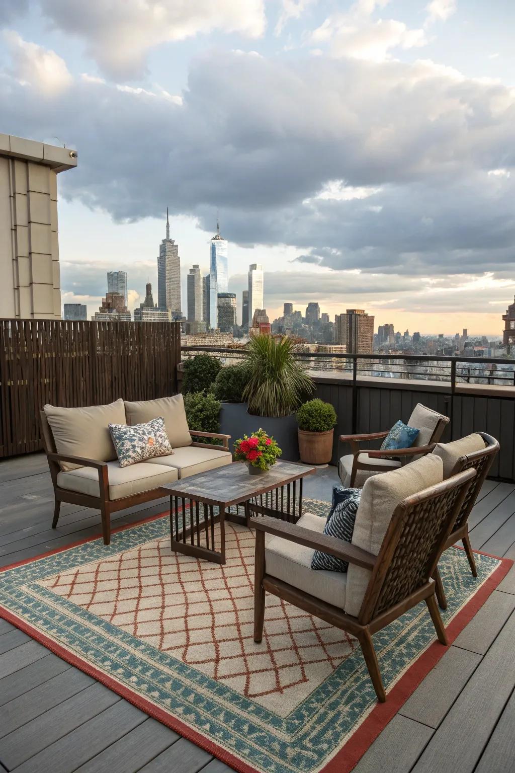 An outdoor rug adds warmth and style to your rooftop.