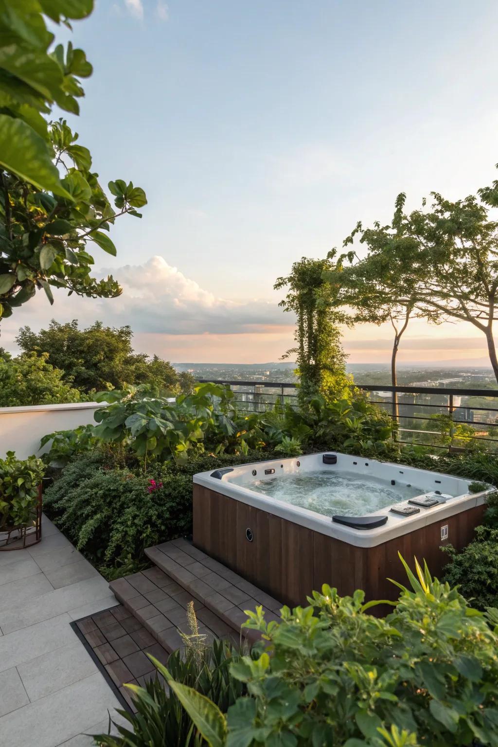Transform your rooftop into a nature-inspired oasis with a jacuzzi and lush greenery.