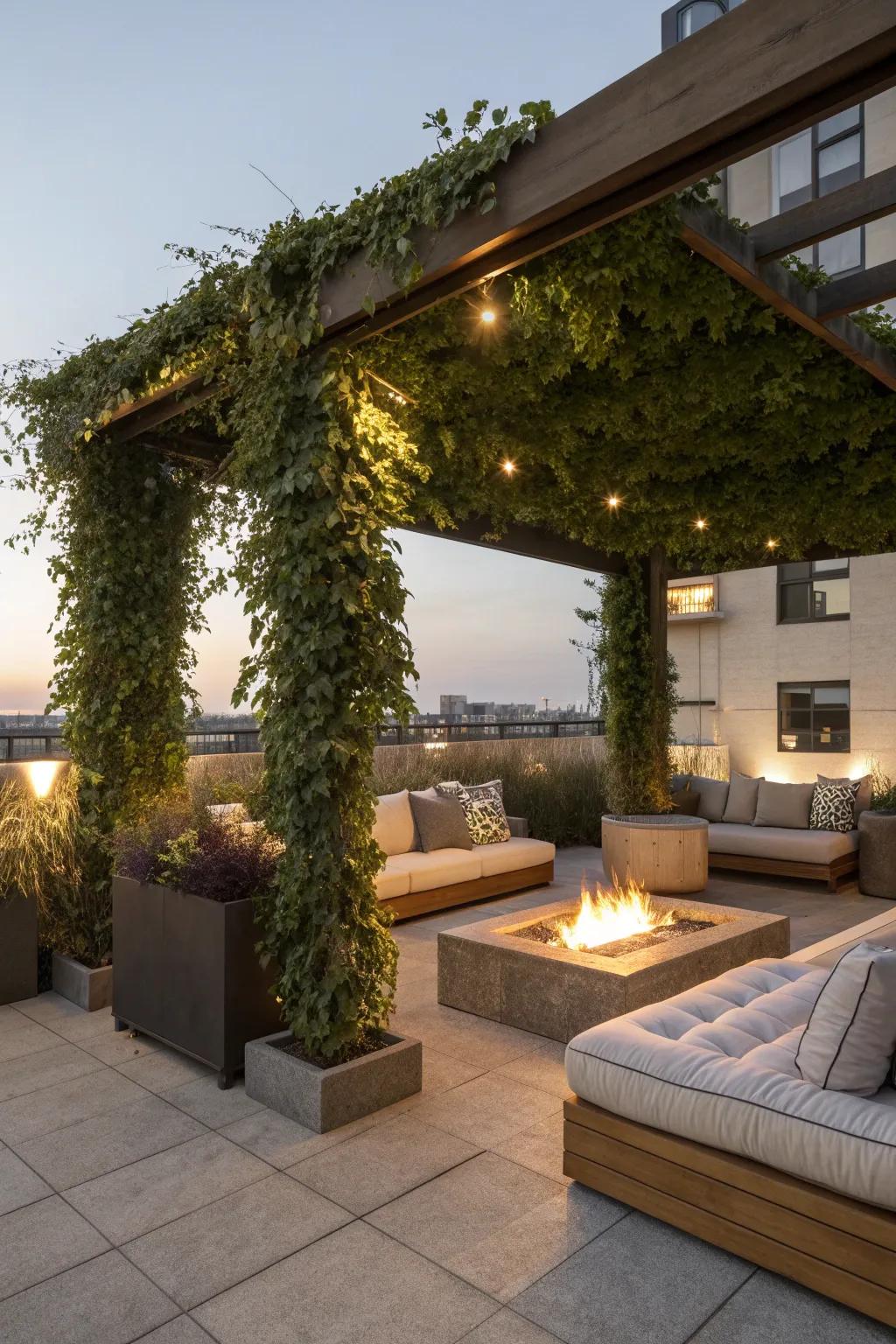 A built-in fire pit adds warmth and charm to your pergola.