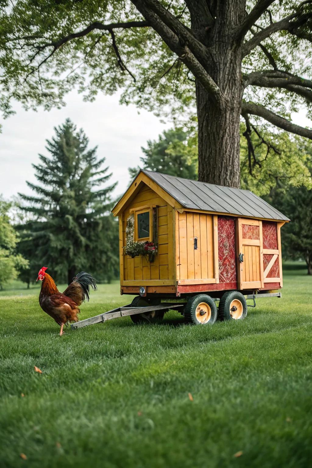 A convenient mobile rooster house with wheels for easy relocation.