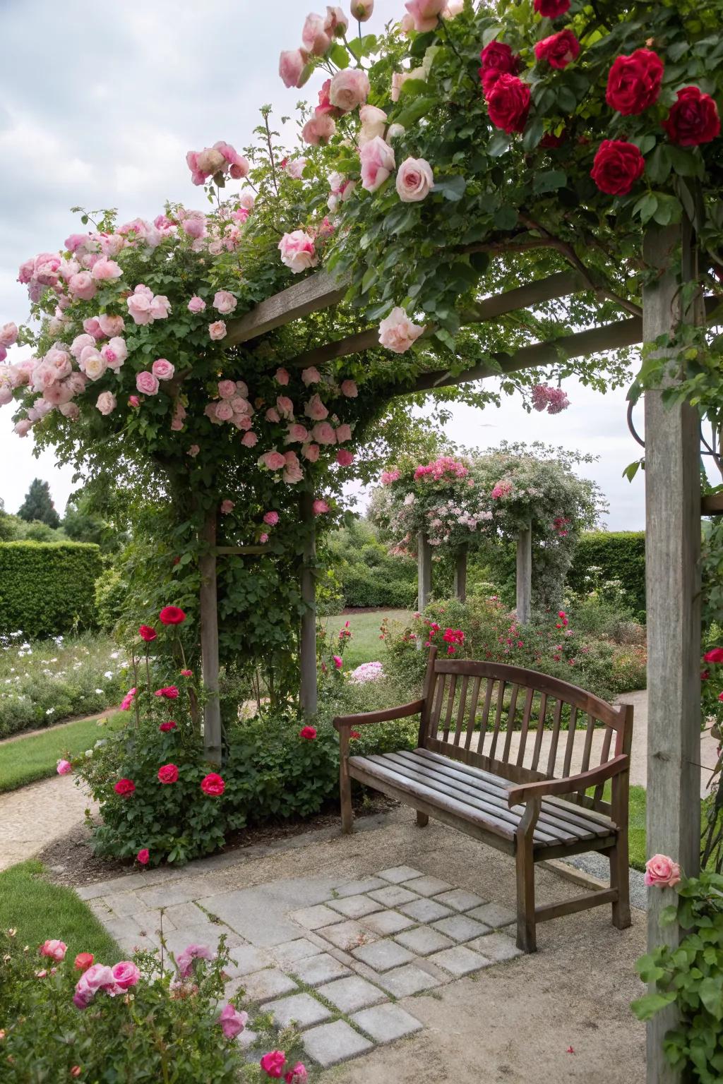 A peaceful seating area nestled among roses, perfect for unwinding.