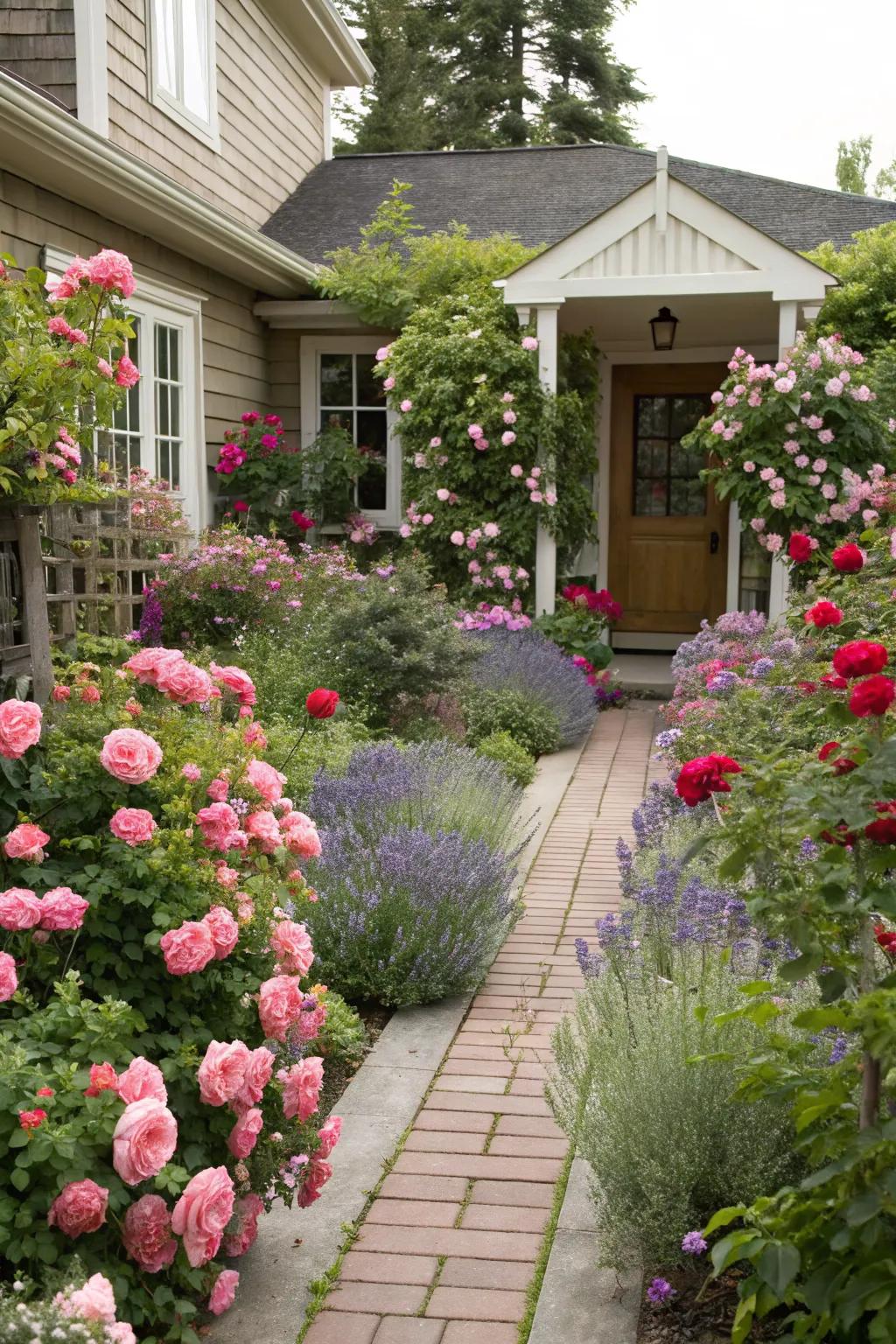 A front yard garden with roses creating a stunning first impression.