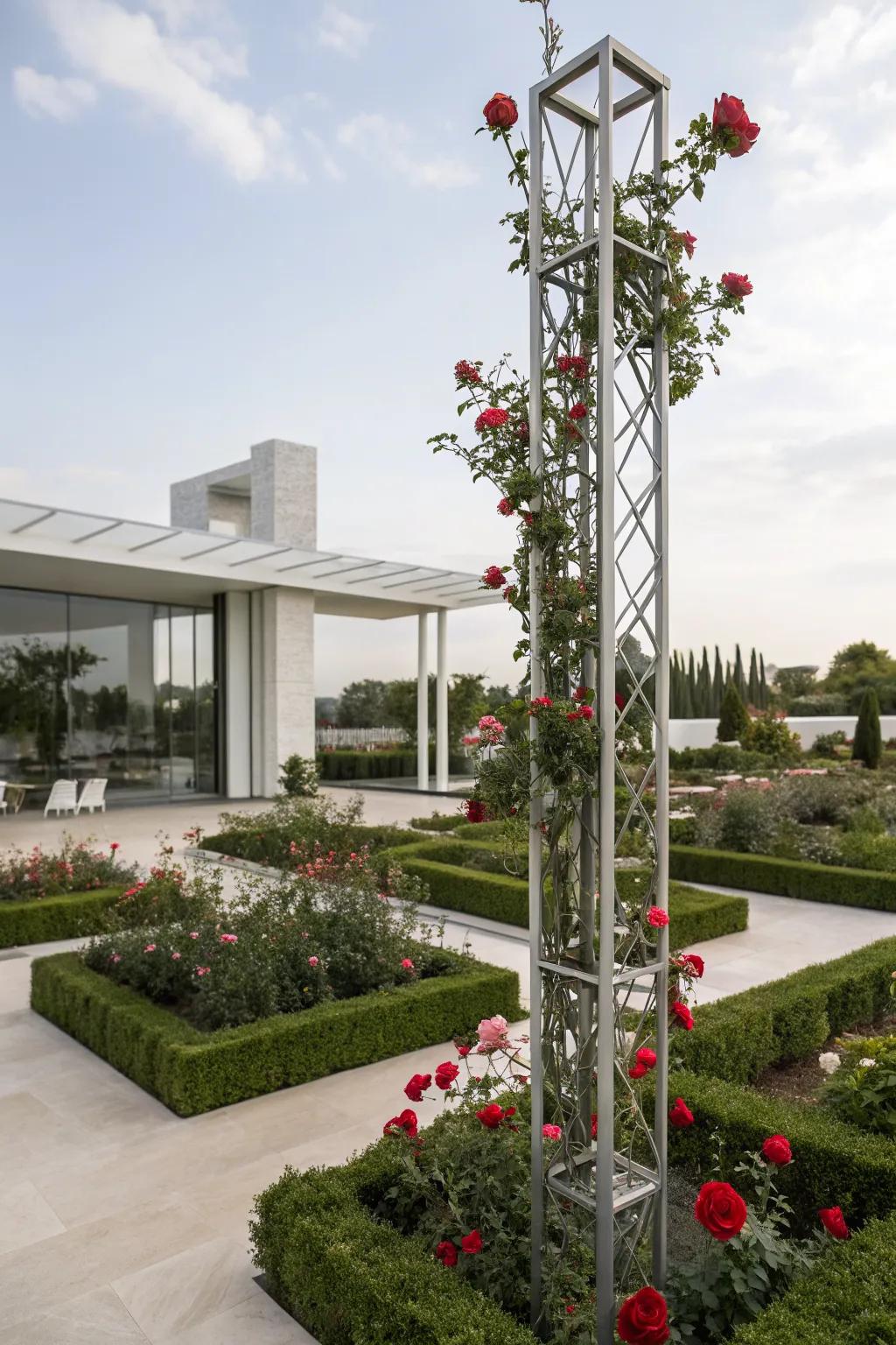 A chic metal tower elevating rose aesthetics.