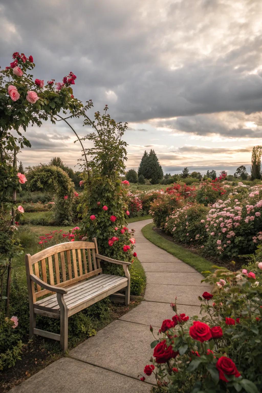 A charming seating area amidst blooming roses.