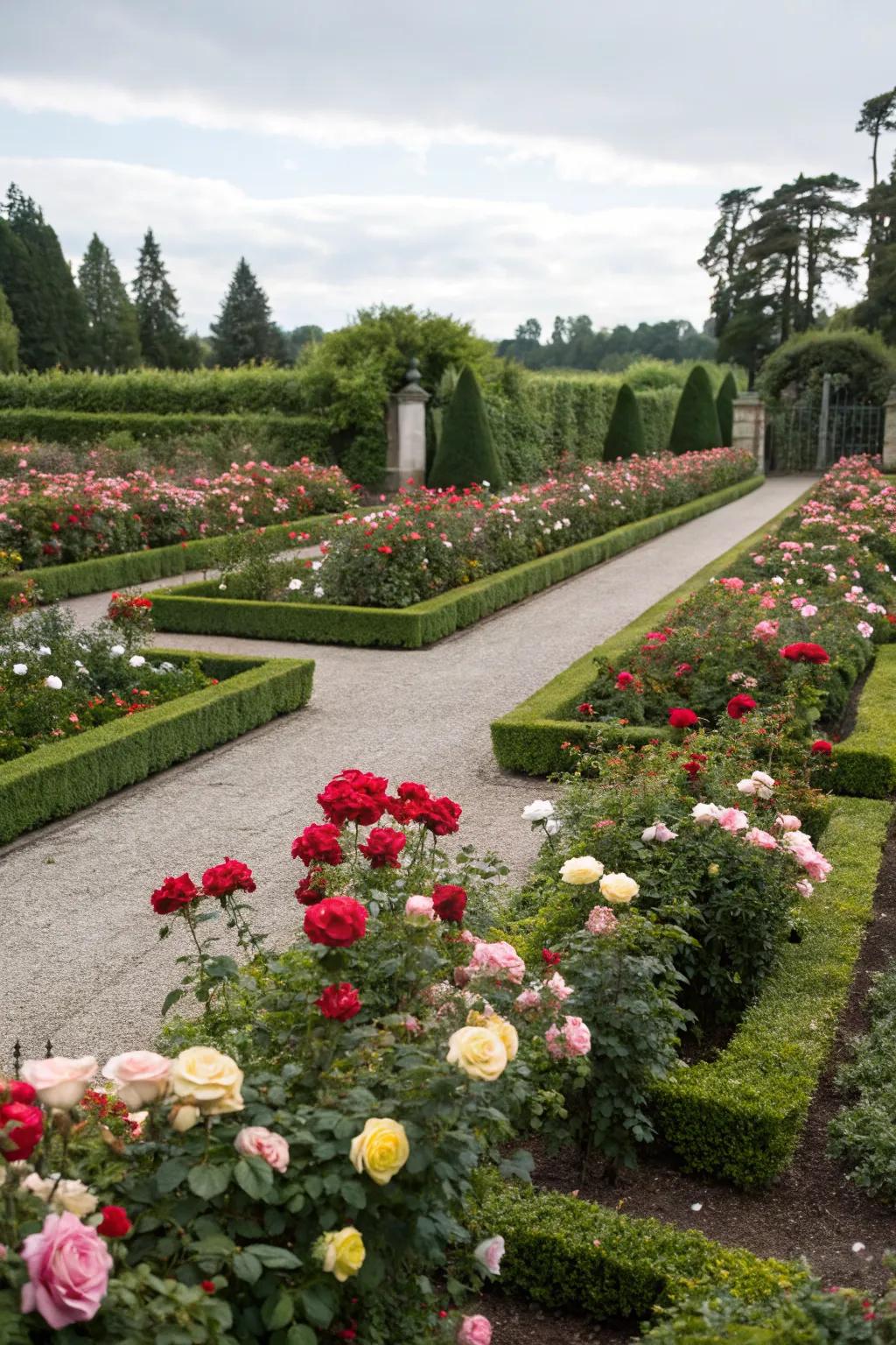 Formal rose gardens offer structured beauty with their geometric layouts.