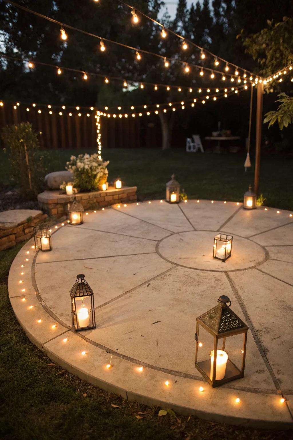 Ambient lighting transforms the patio into an inviting evening retreat.