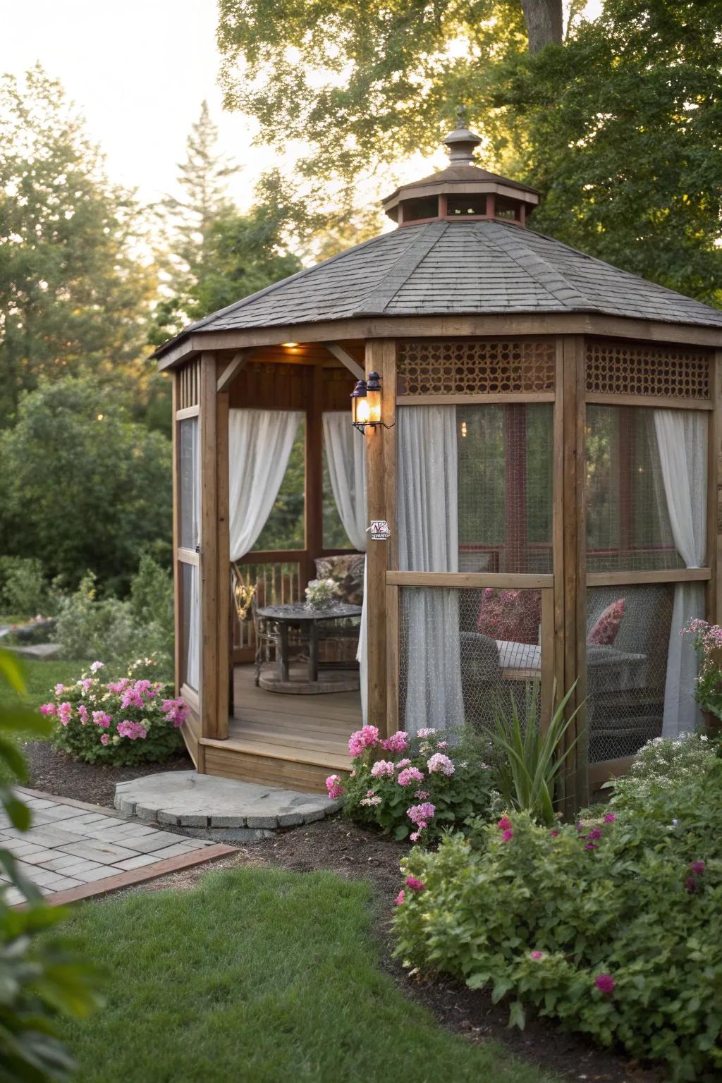 An enclosed round gazebo offering comfort and protection.