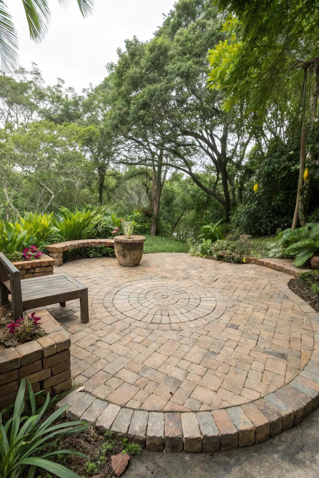 A round patio constructed with sustainable materials, harmonizing with nature.