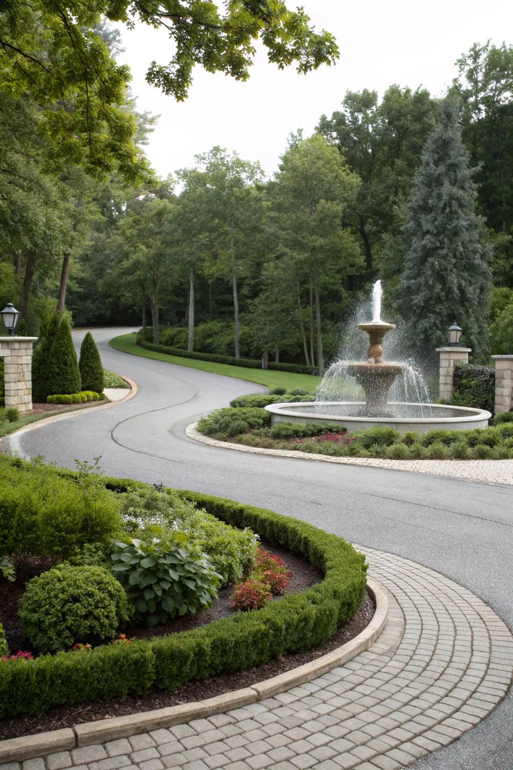 A fountain centerpiece adds grandeur to your driveway.