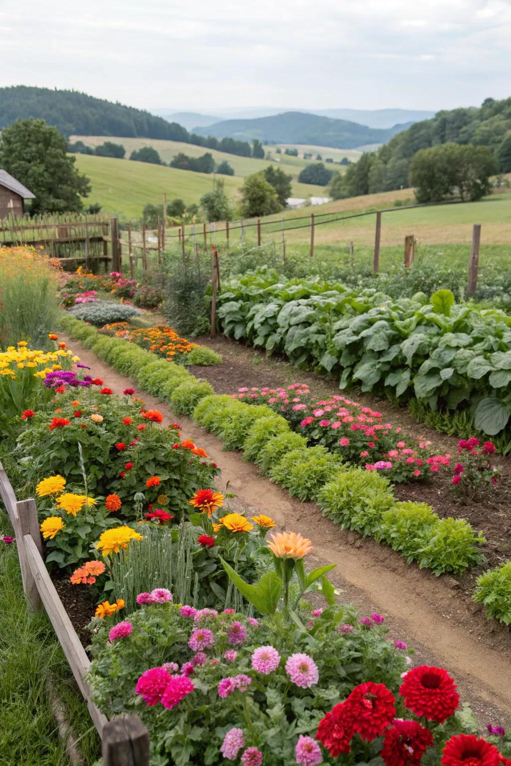 Flower beds and vegetable gardens add beauty and practicality.