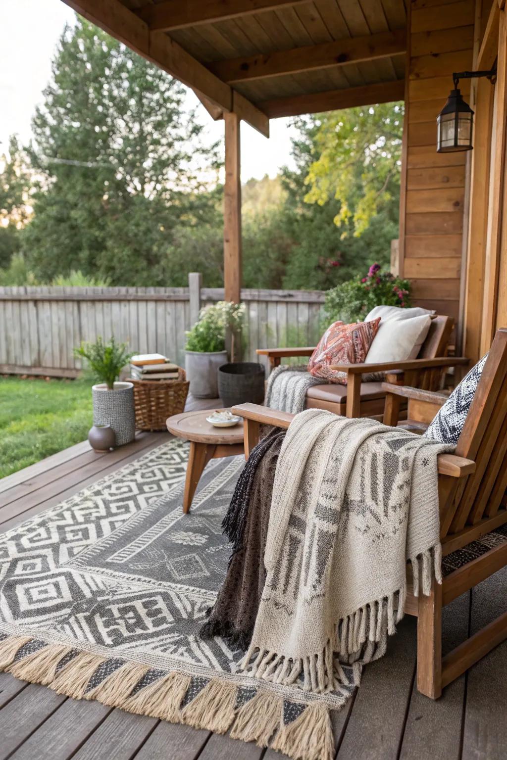 Textiles like throws and rugs add warmth and color to your porch.