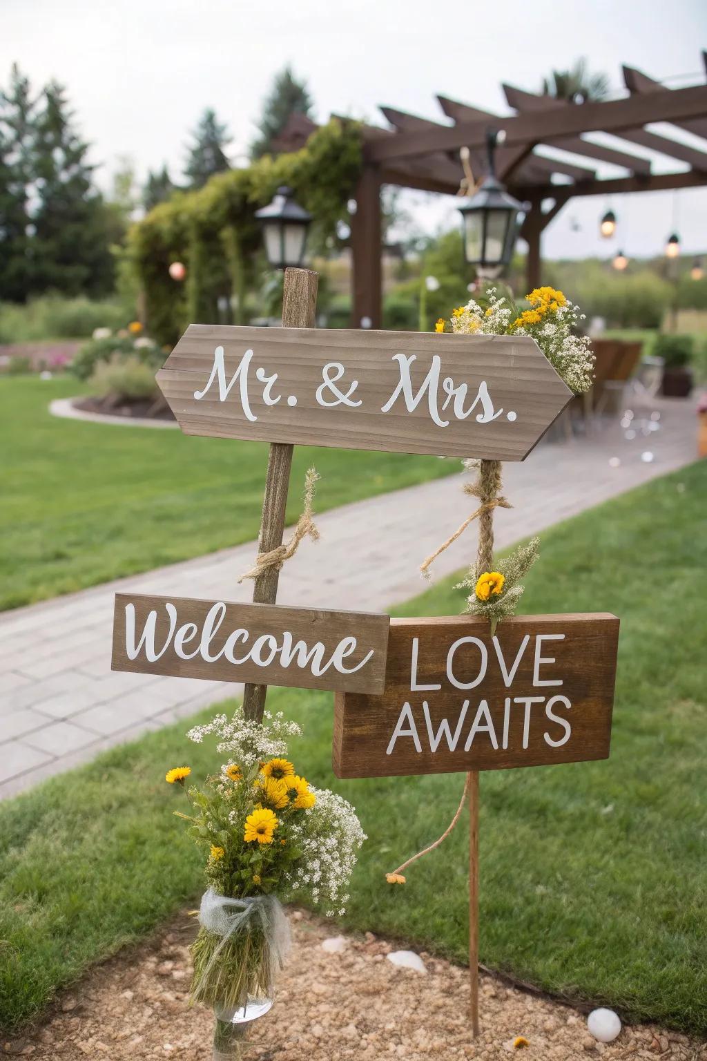 Charming handcrafted wooden signs for a rustic backyard wedding.