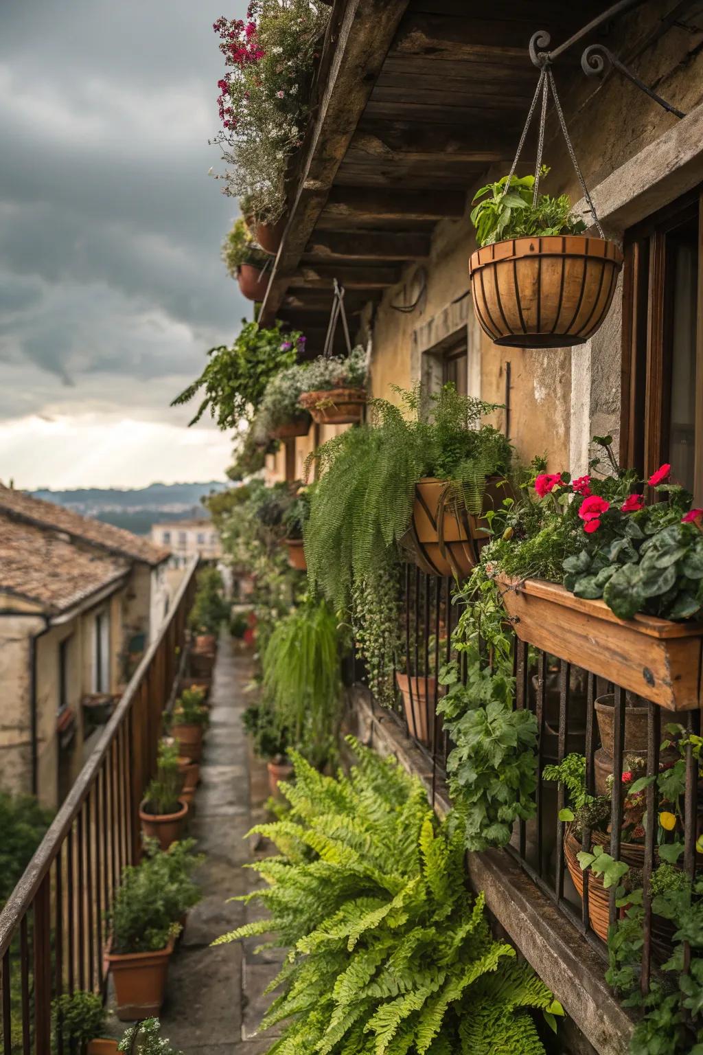 A lush, green oasis on a rustic balcony, featuring a variety of potted and hanging plants.