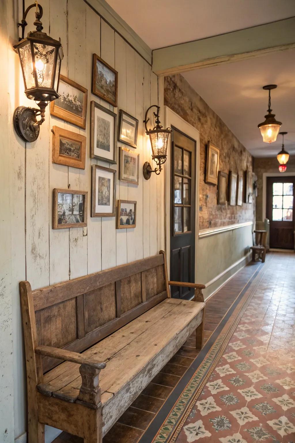 Opt for eco-friendly elegance with a reclaimed wood bench.