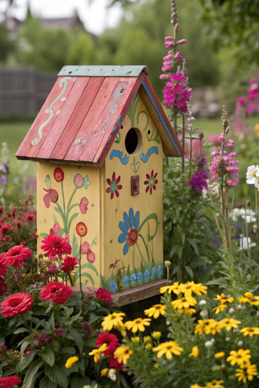 A vibrant painted birdhouse that stands out in any garden.