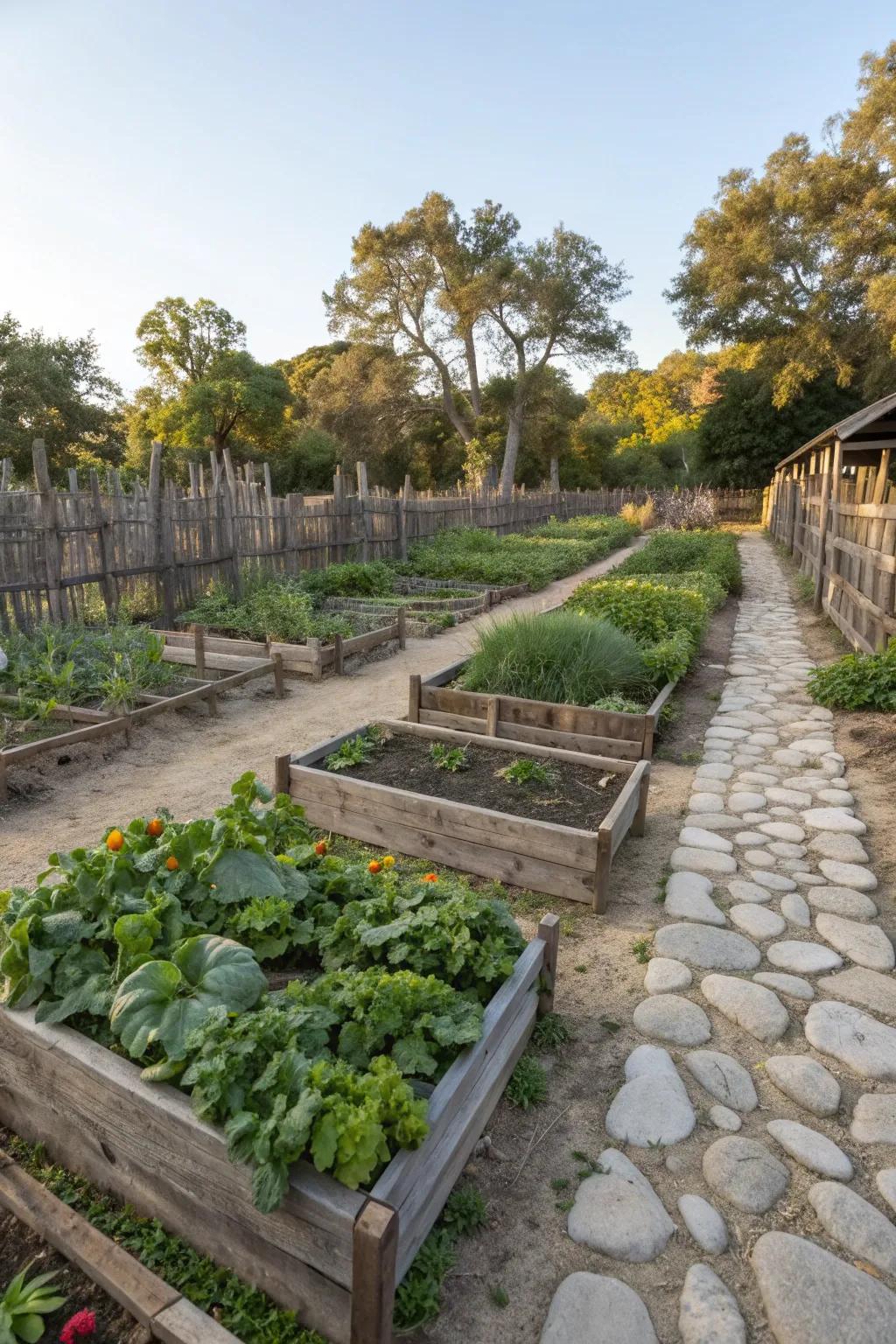 Rustic vegetable garden with raised beds