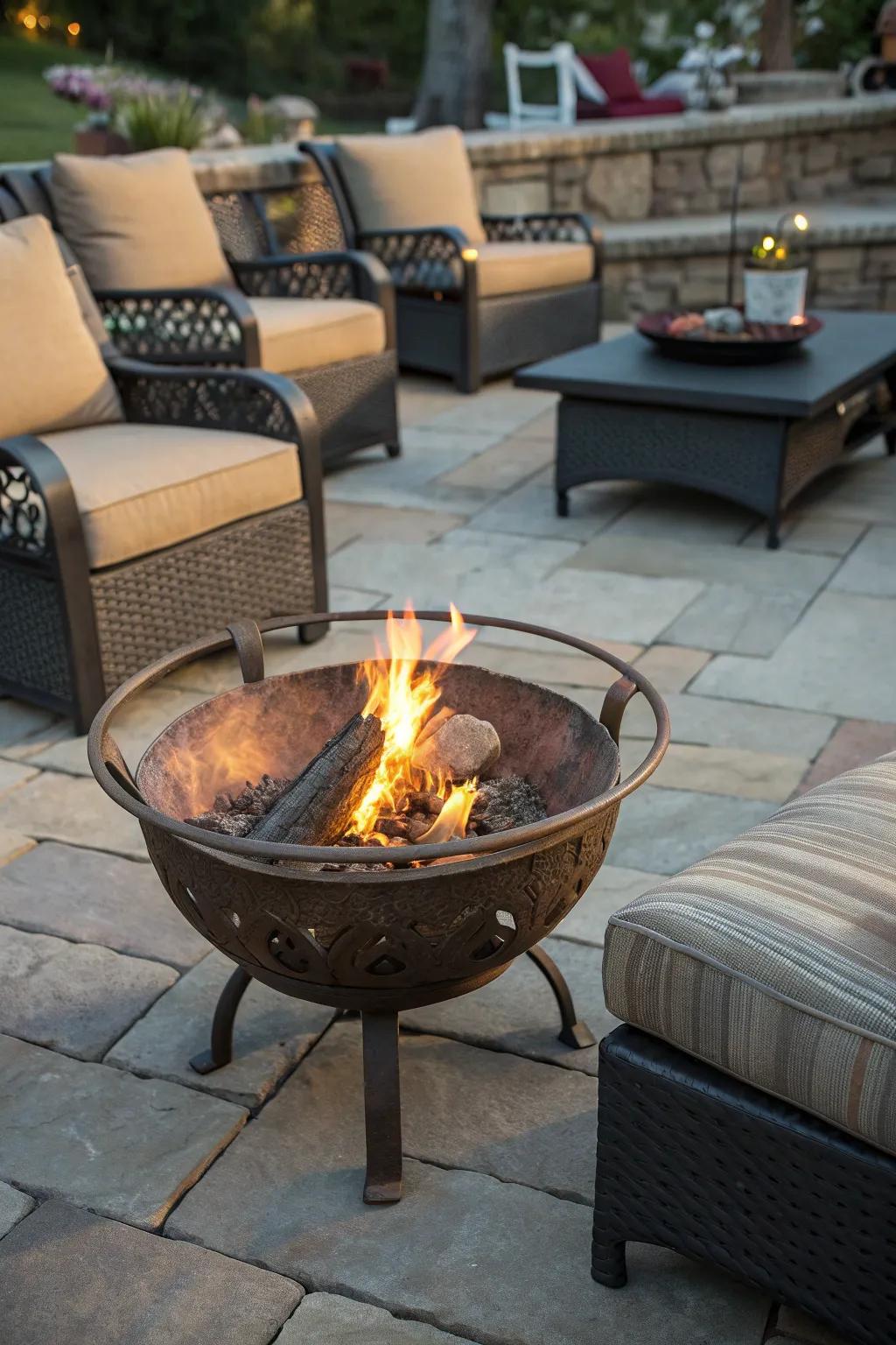 A metal fire bowl brings a touch of industrial flair to rustic settings.