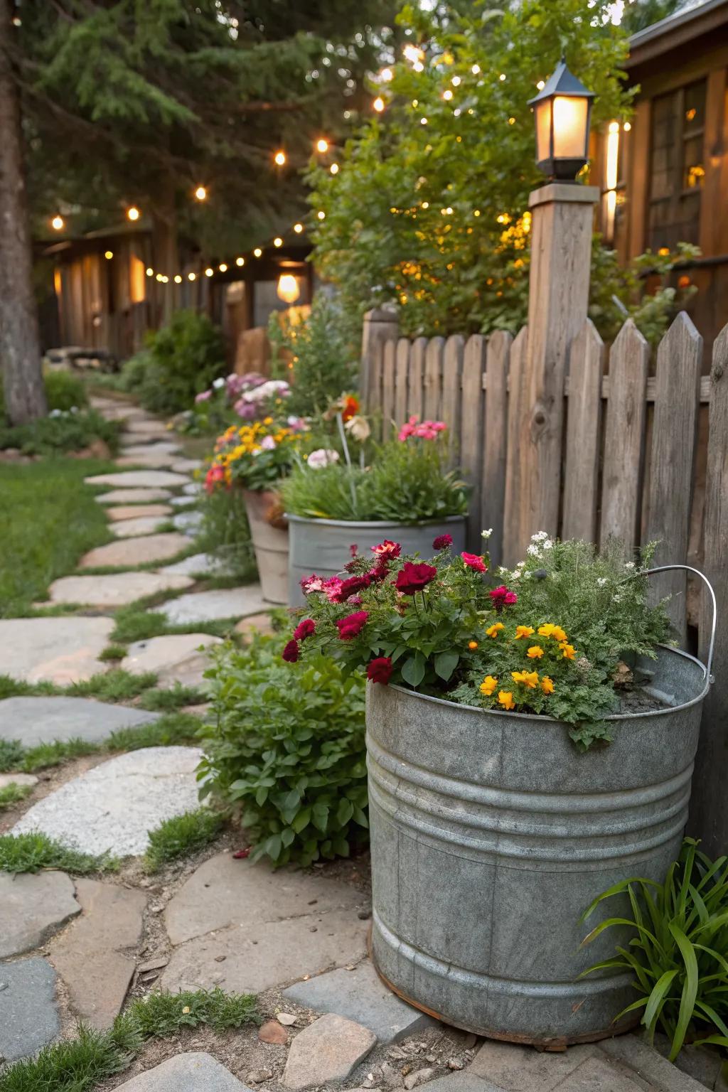 Repurposed metal buckets filled with flowers enhance this rustic garden.