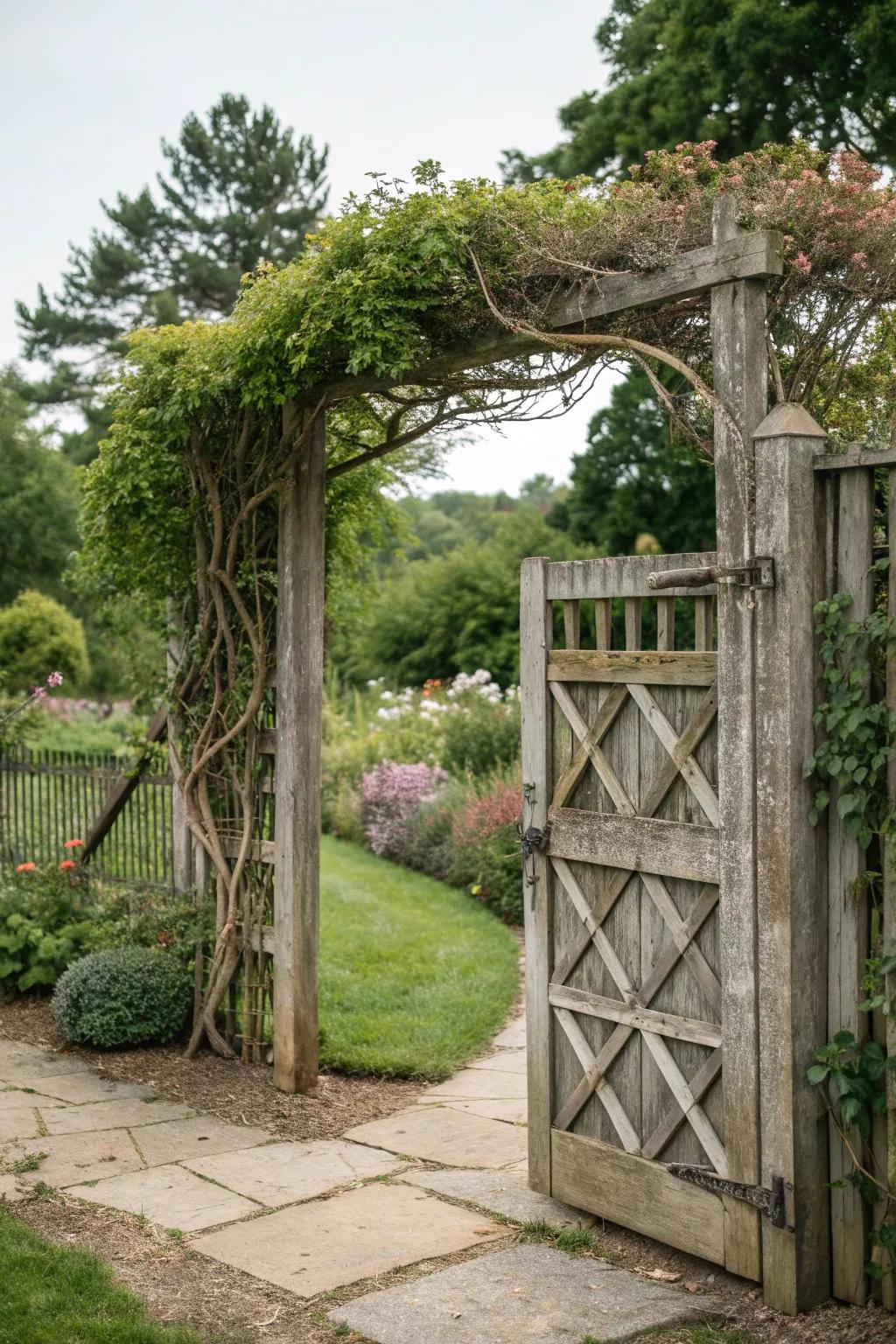 A wooden lattice garden gate with climbing vines.