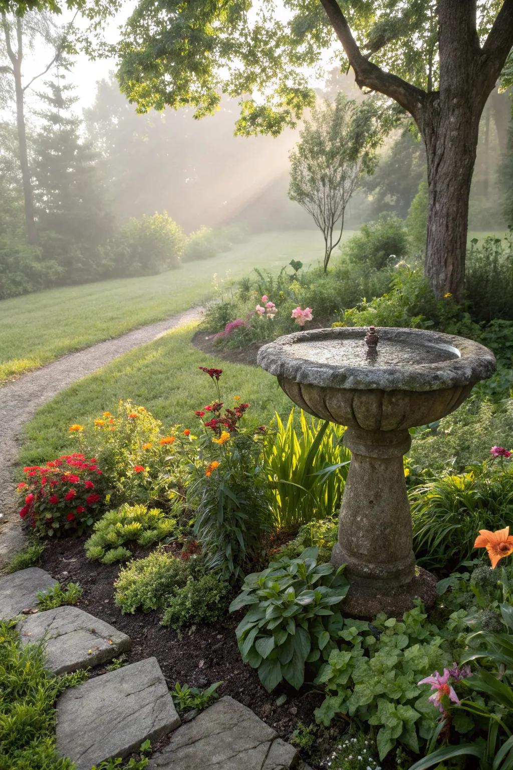 A stone birdbath attracting wildlife adds to the rustic charm.