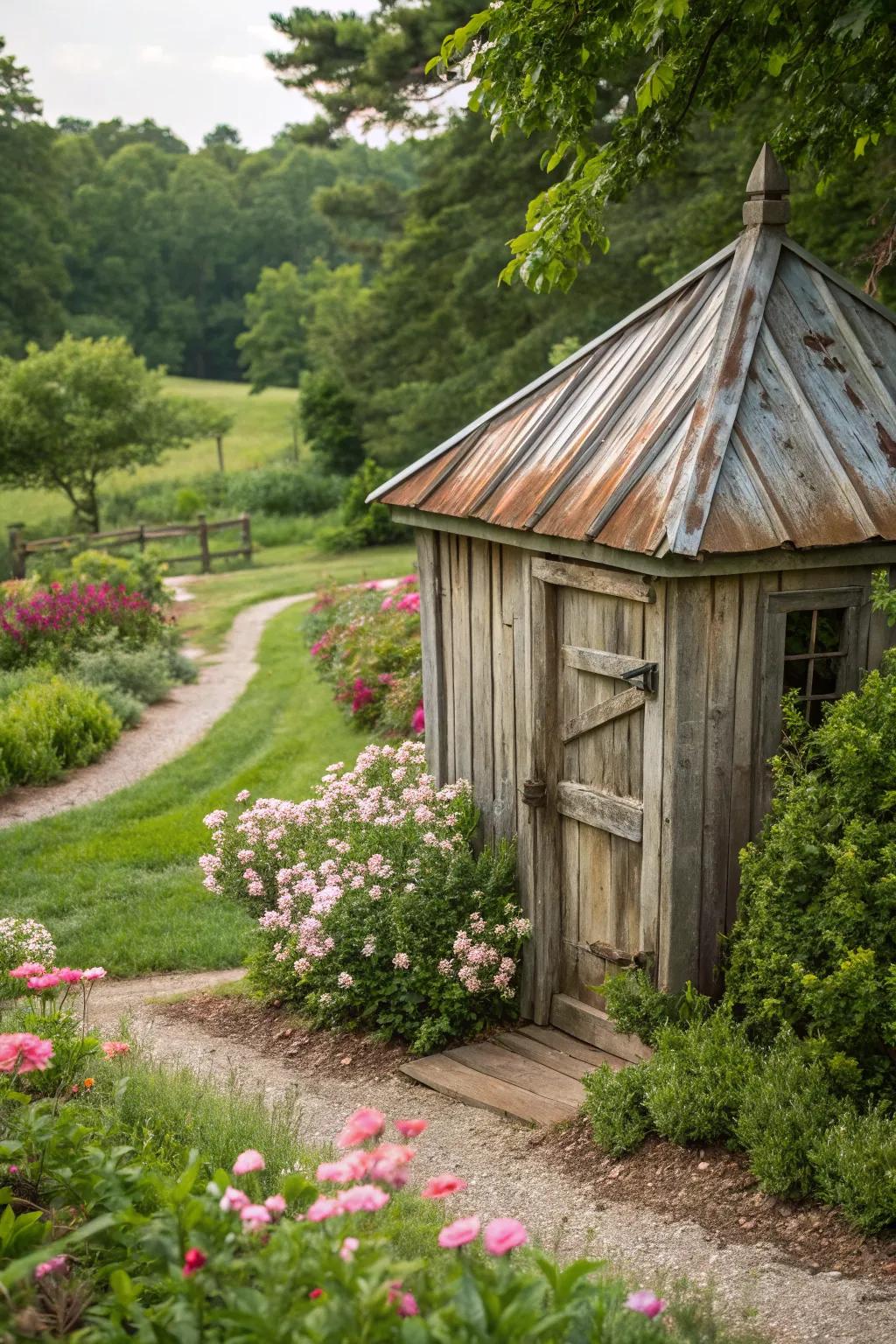 A weathered tin roof adds a timeless appeal to this rustic shed.