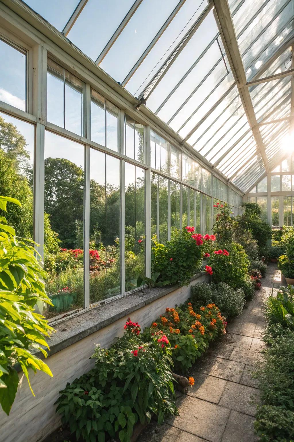 Clear glass windows allow for optimal natural light in this greenhouse.