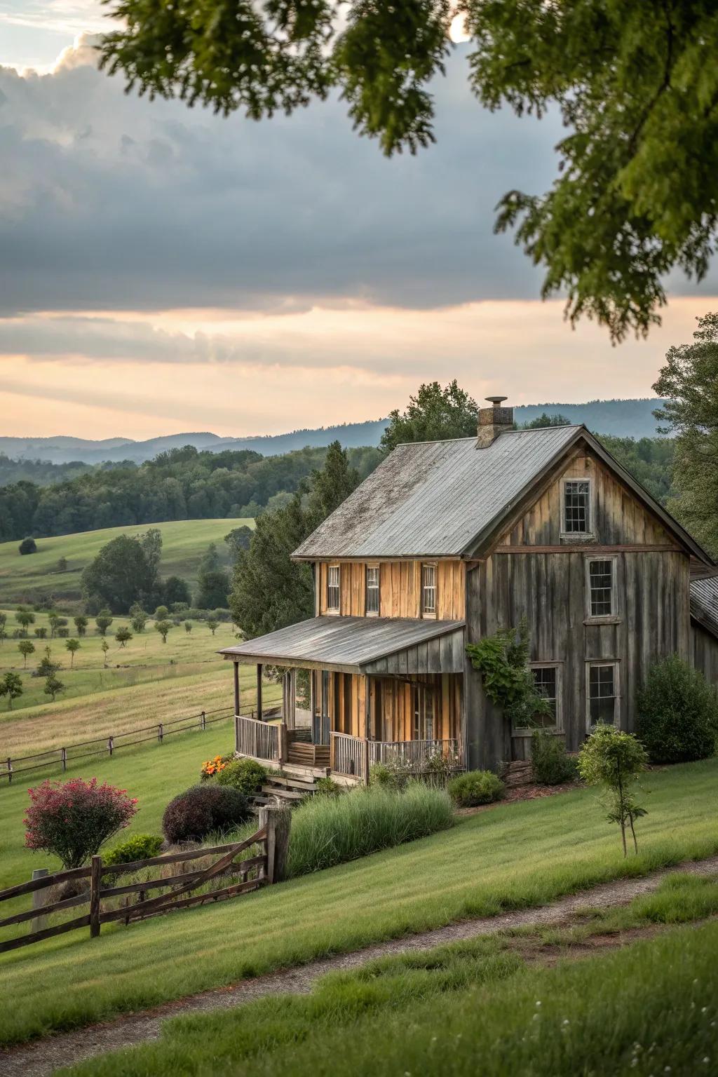 Board and batten siding enhances the rustic farmhouse aesthetic.