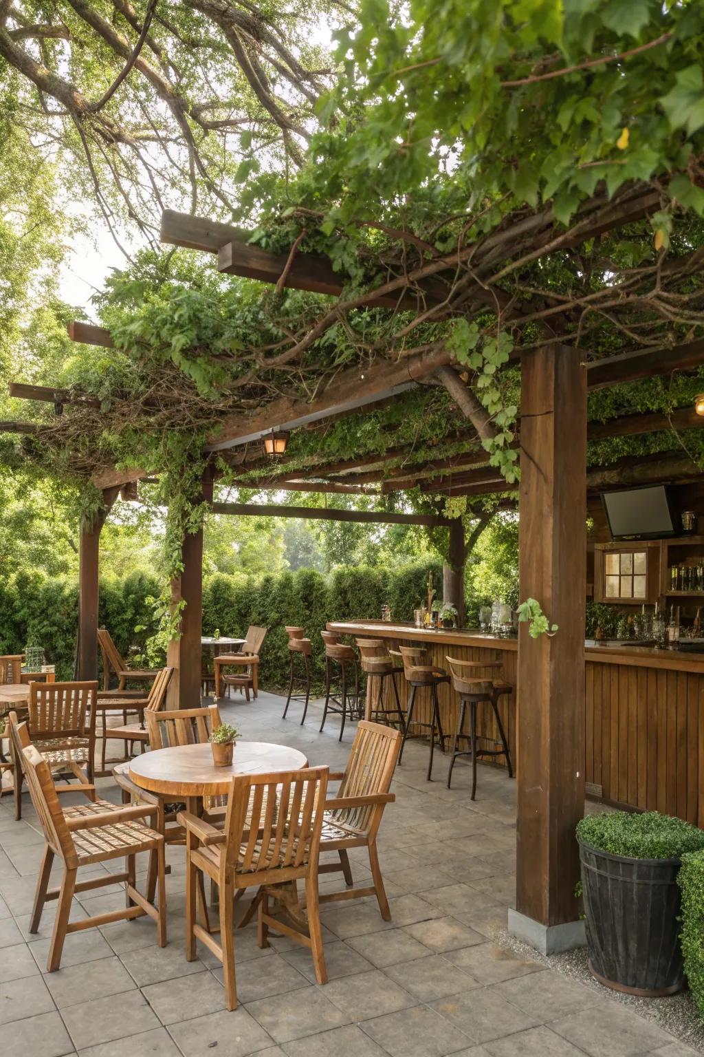 A pergola-covered bar area offers shade and an intimate setting.