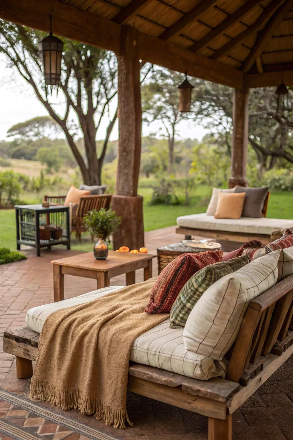 Cozy seating with cushions makes outdoor spaces inviting.