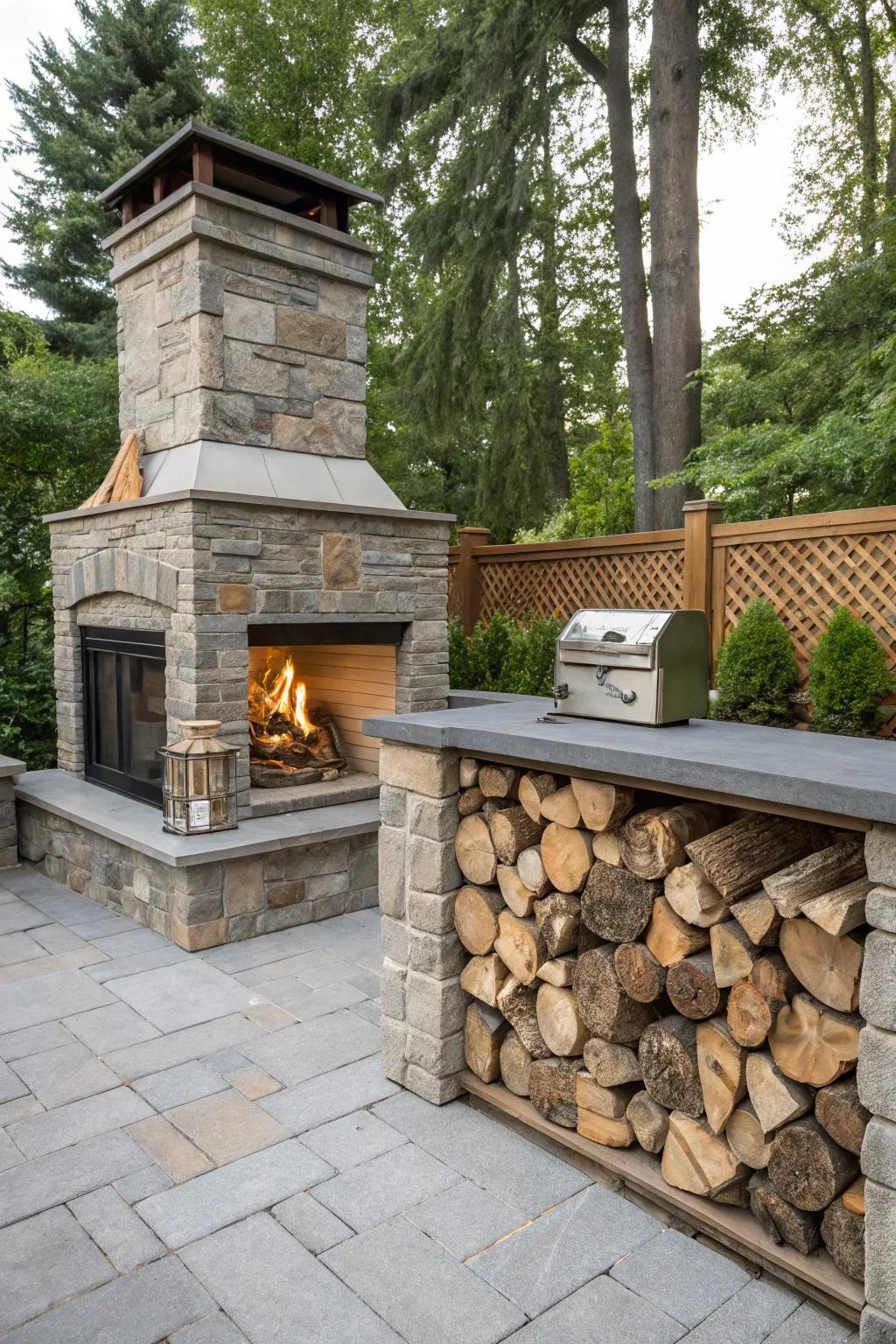 A rustic fireplace with integrated firewood storage for convenience and style.