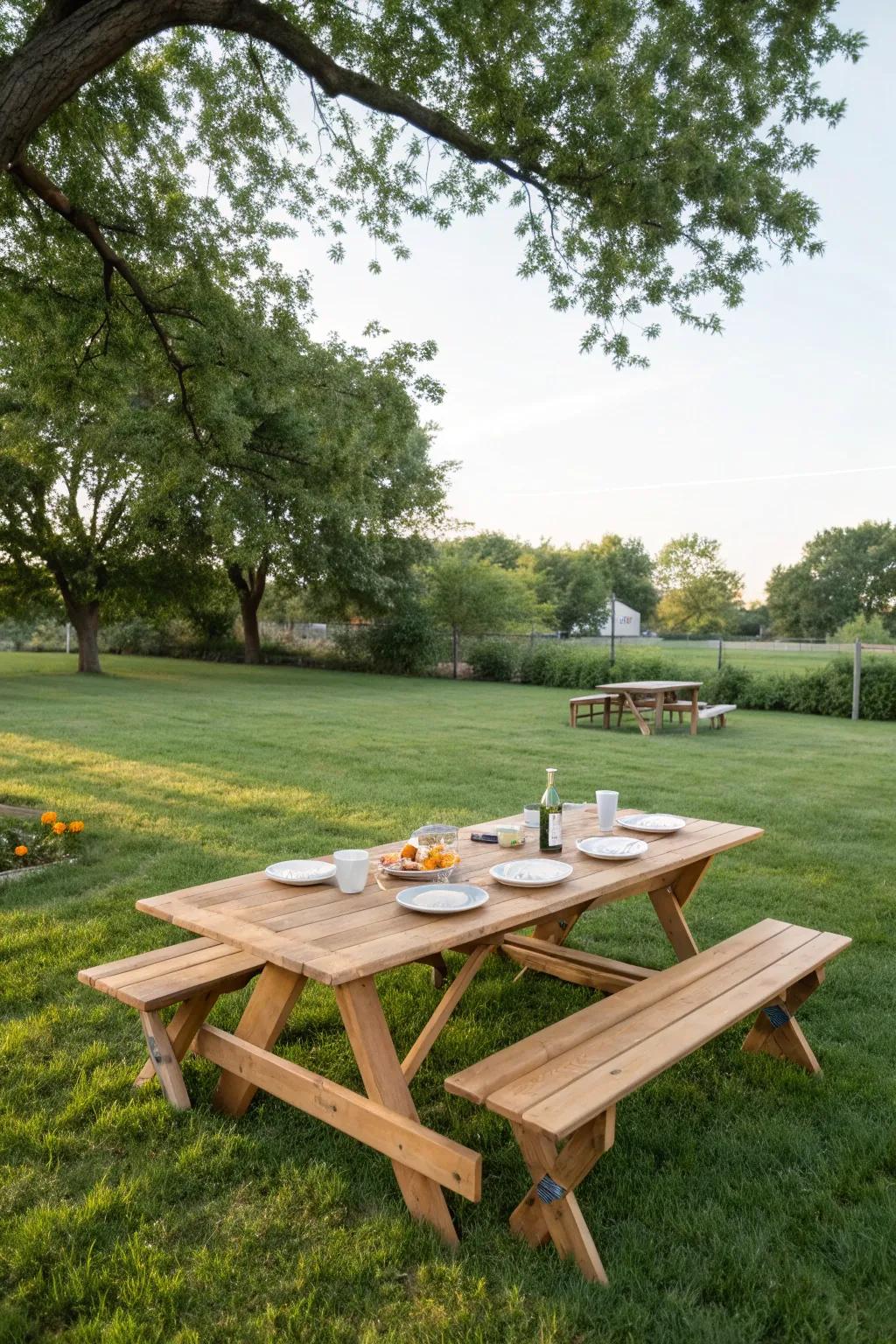 A versatile picnic table that transforms to suit different outdoor activities.