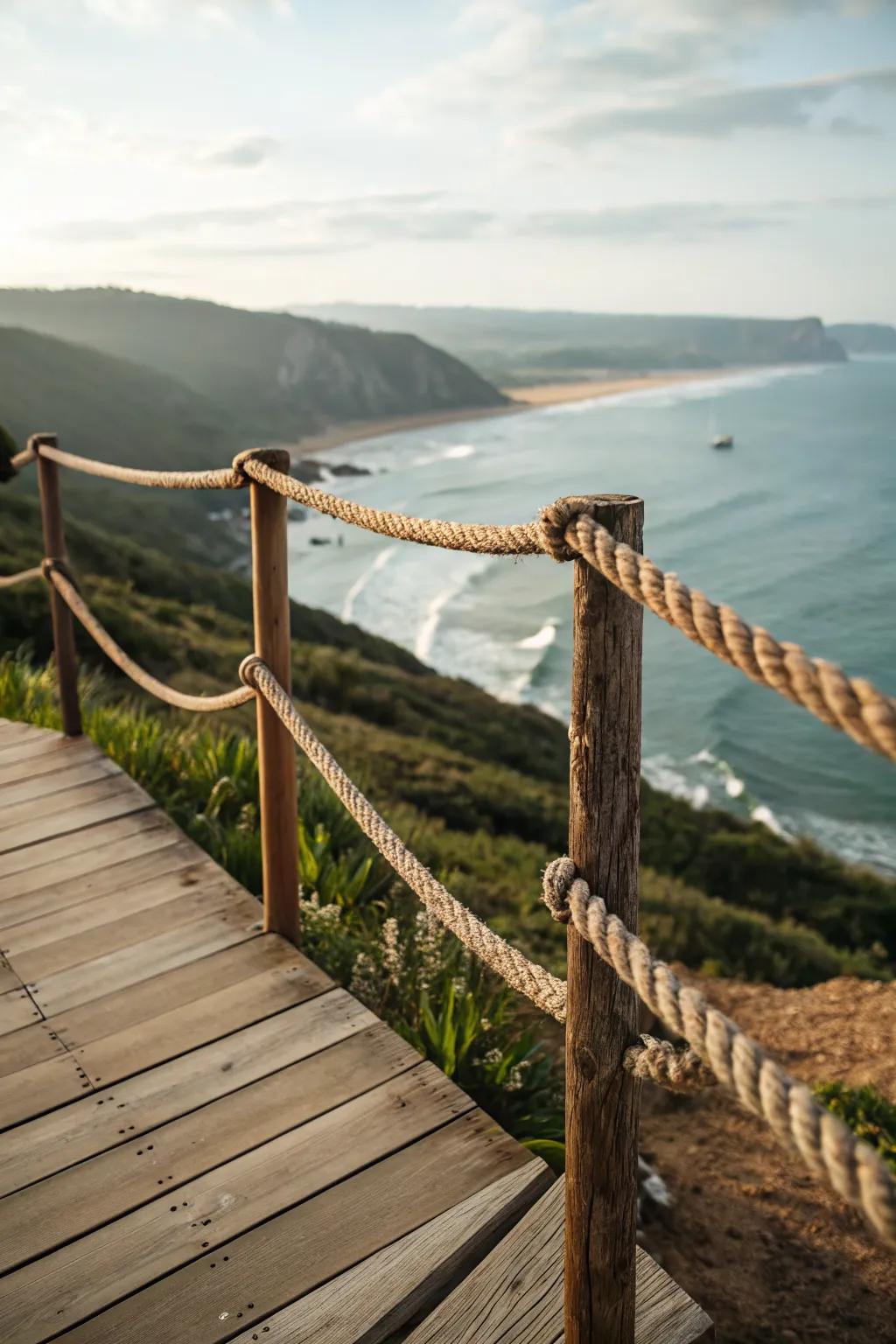 A rope railing offers a nautical twist on rustic design.