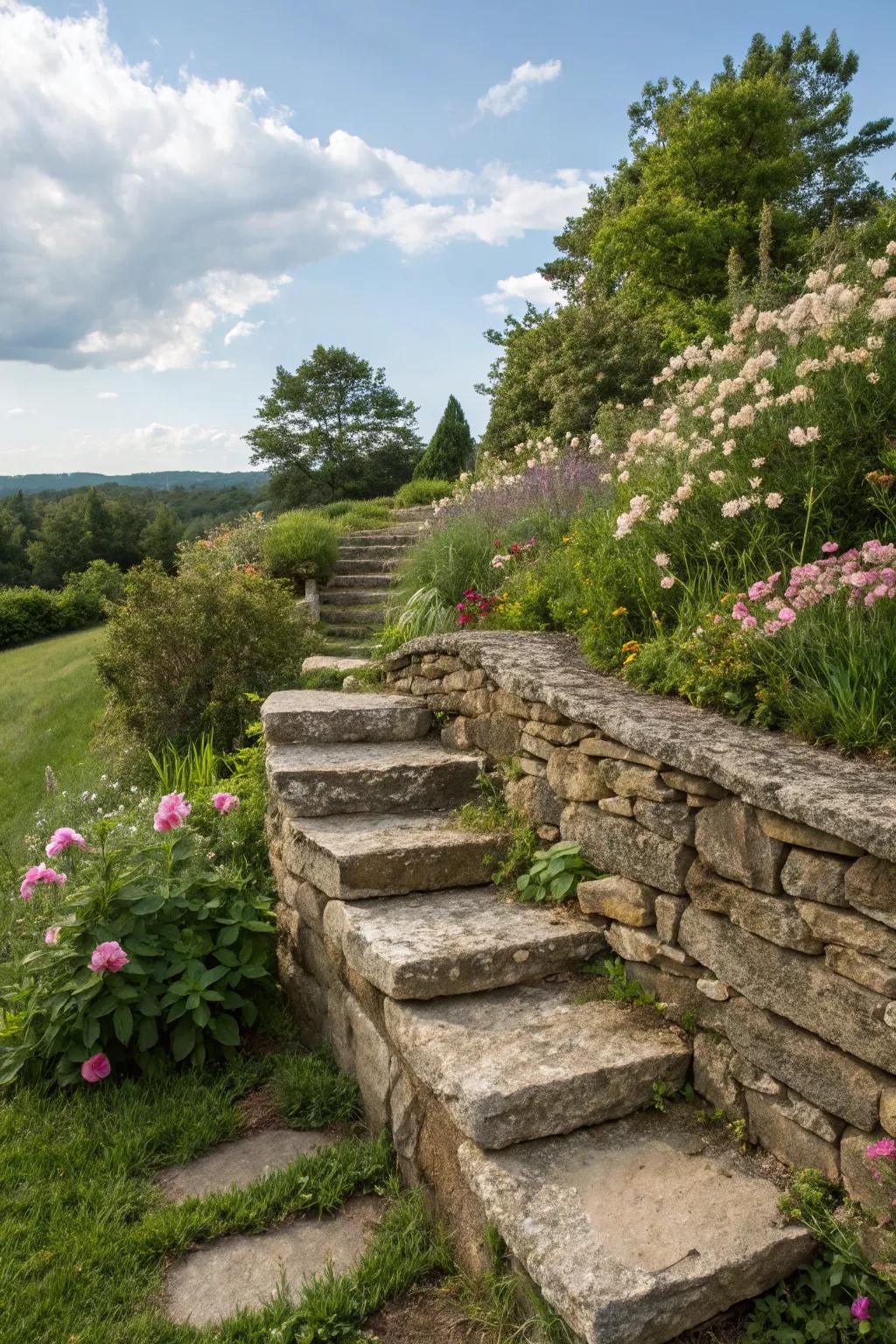 Charming access with rustic stone stairs.
