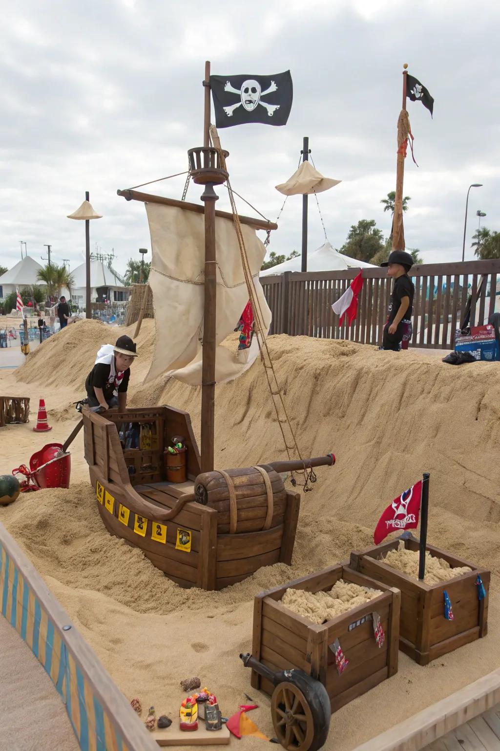 A pirate-themed sand pit adventure zone.