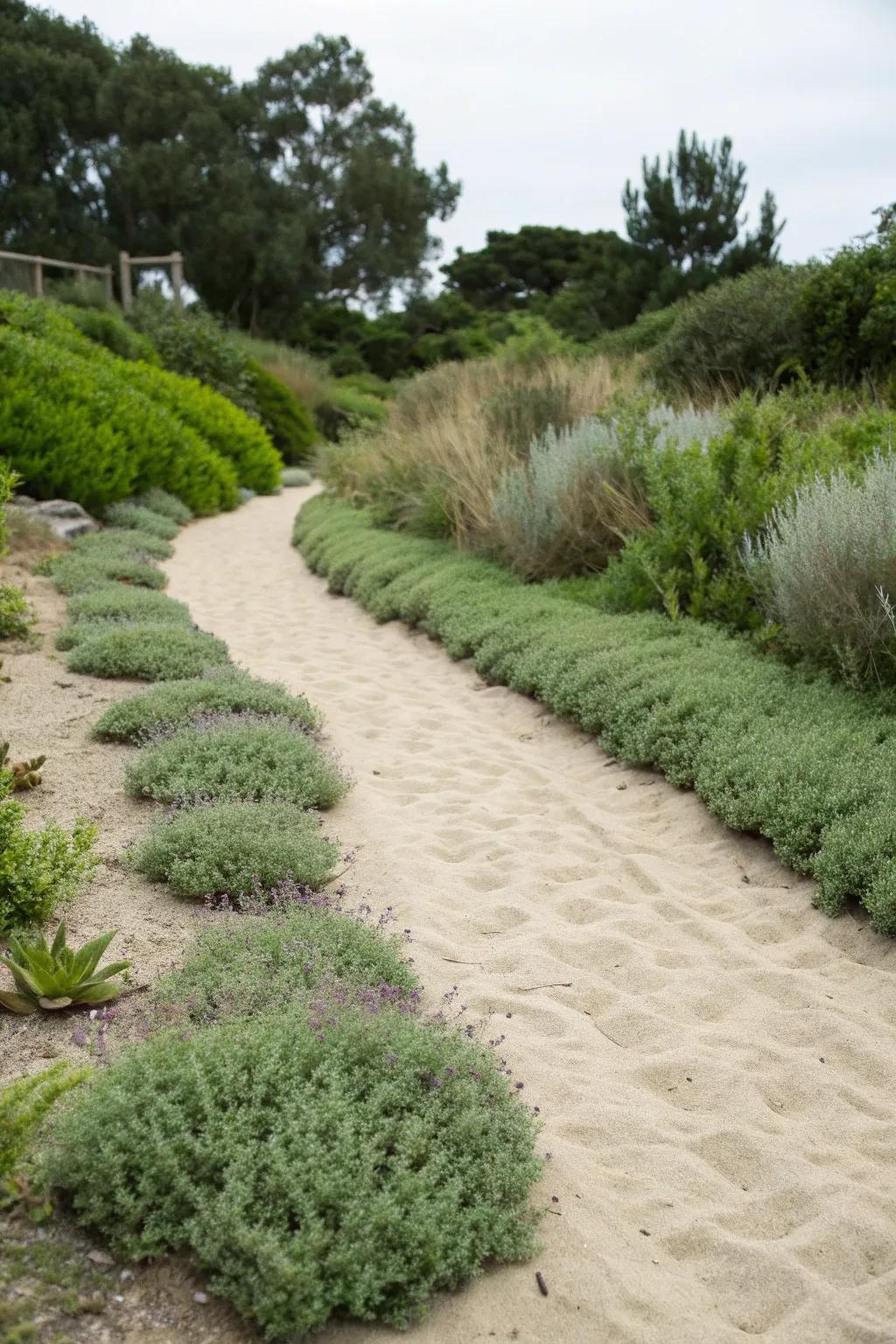 Greenery enhancing the natural feel of a sand walkway.