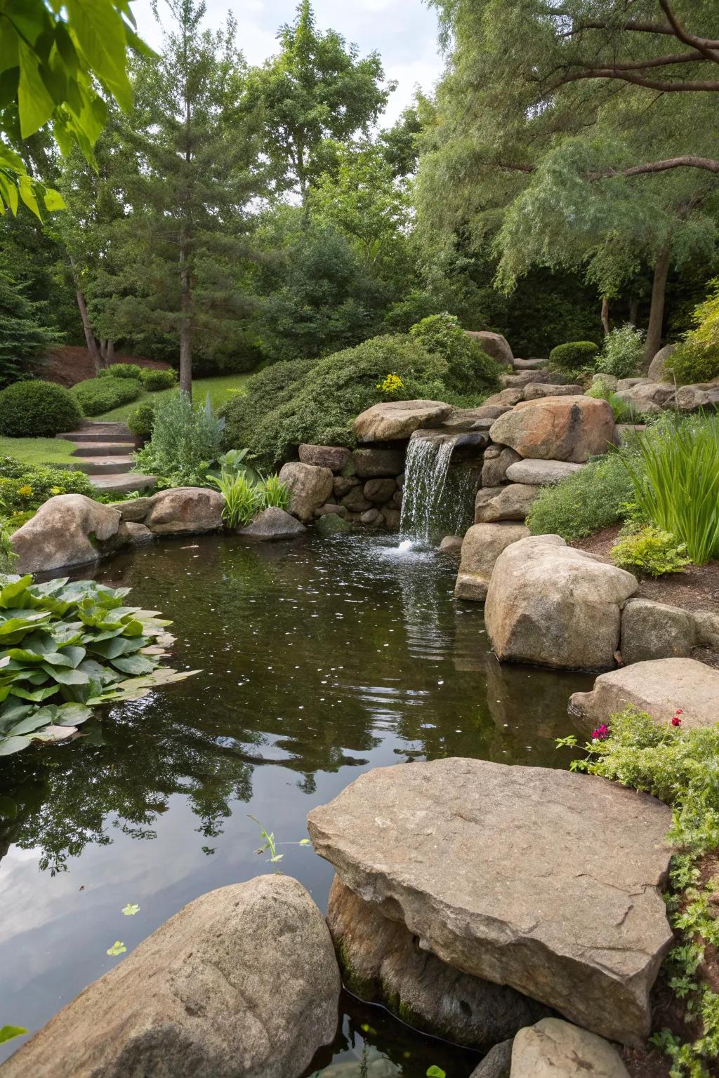 A tranquil water feature enhanced by sandstone elements.