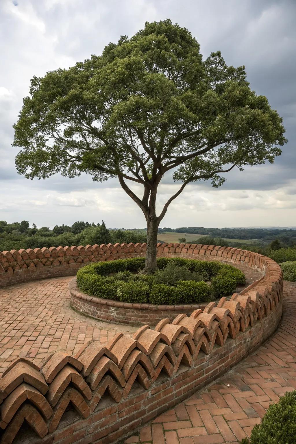 Tree surrounded by decorative scalloped bricks.