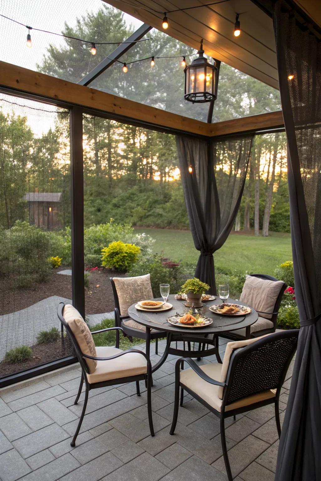A dining area with a small table and chairs is perfect for intimate gatherings.