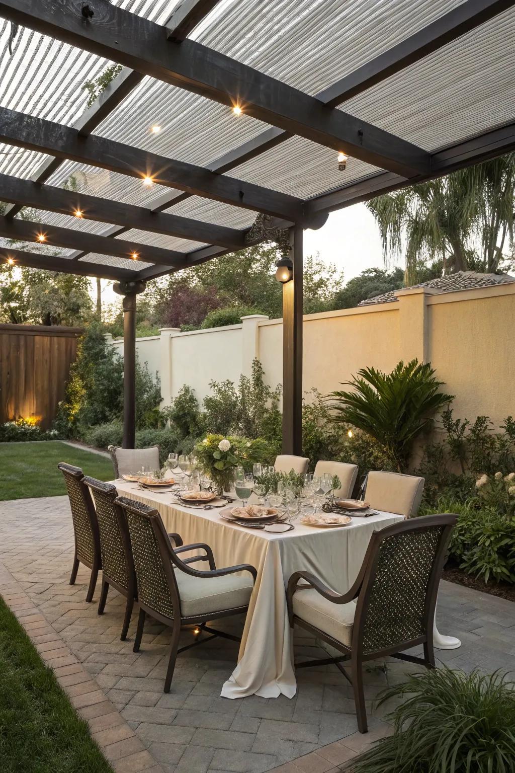 Alfresco dining under a stylish screened-in pergola.