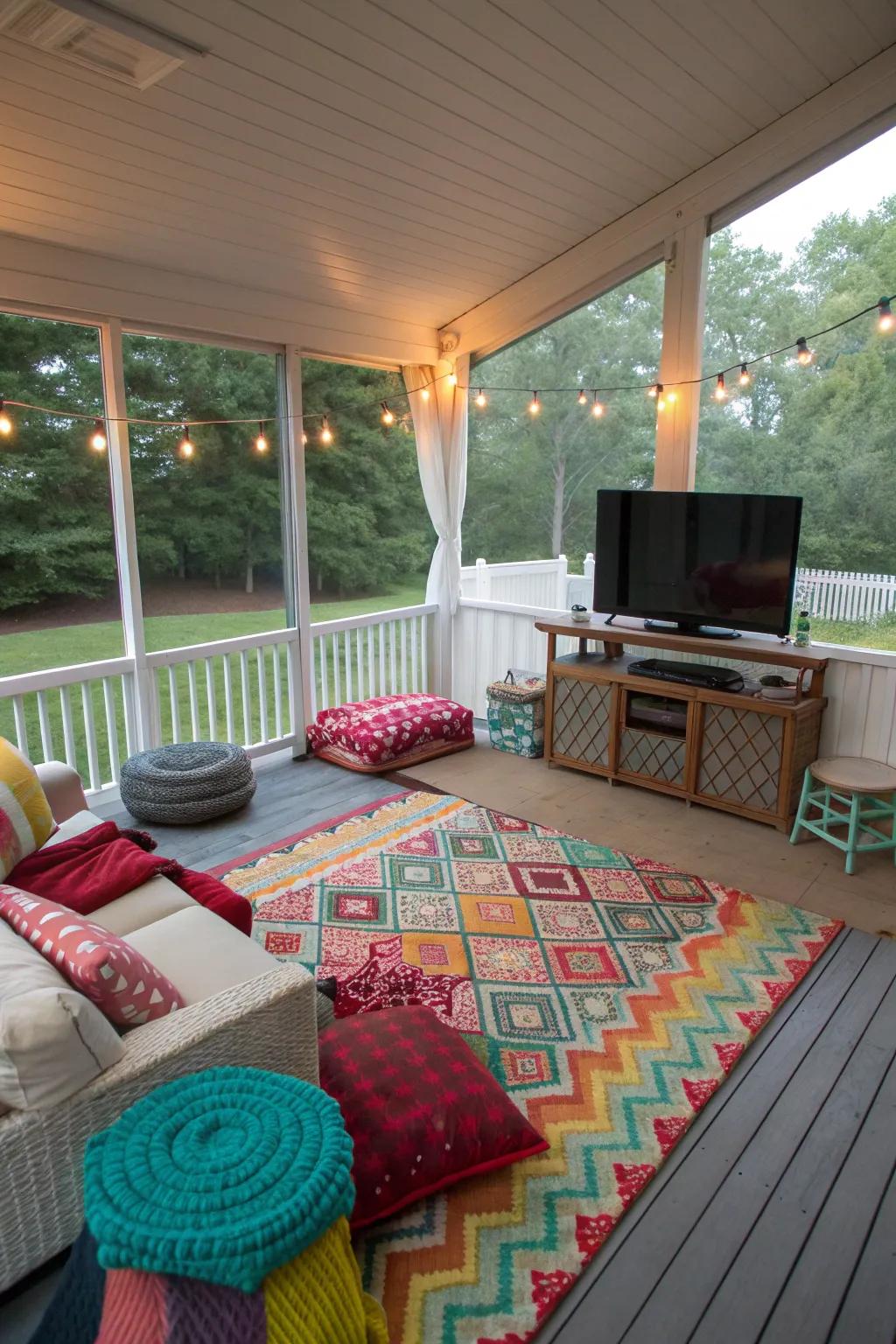 Rugs and cushions bring indoor comfort to your porch.