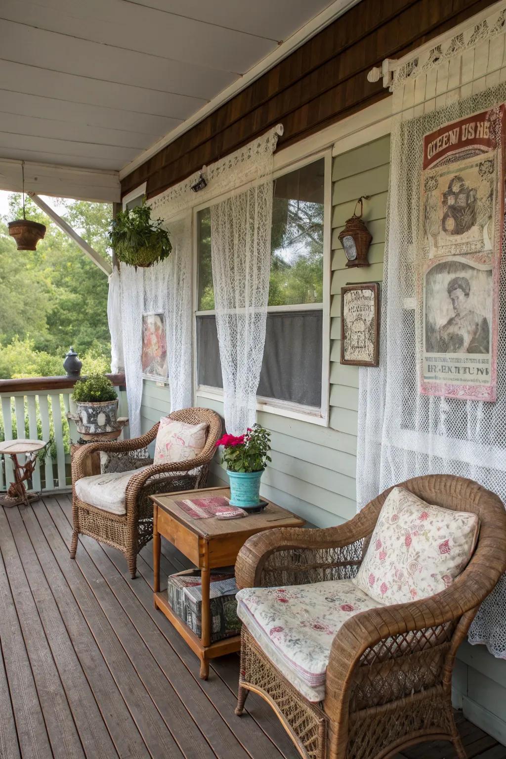 A vintage-themed screened-in porch featuring antique furniture and charming decor.