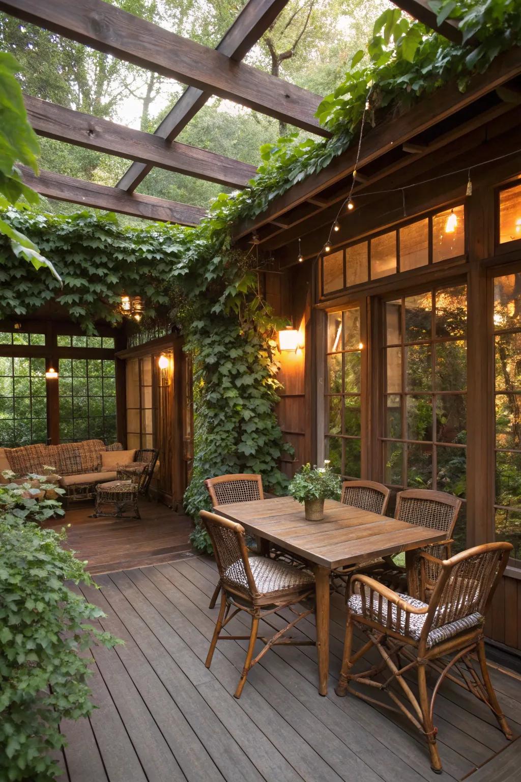A rustic screened patio with a cozy atmosphere.
